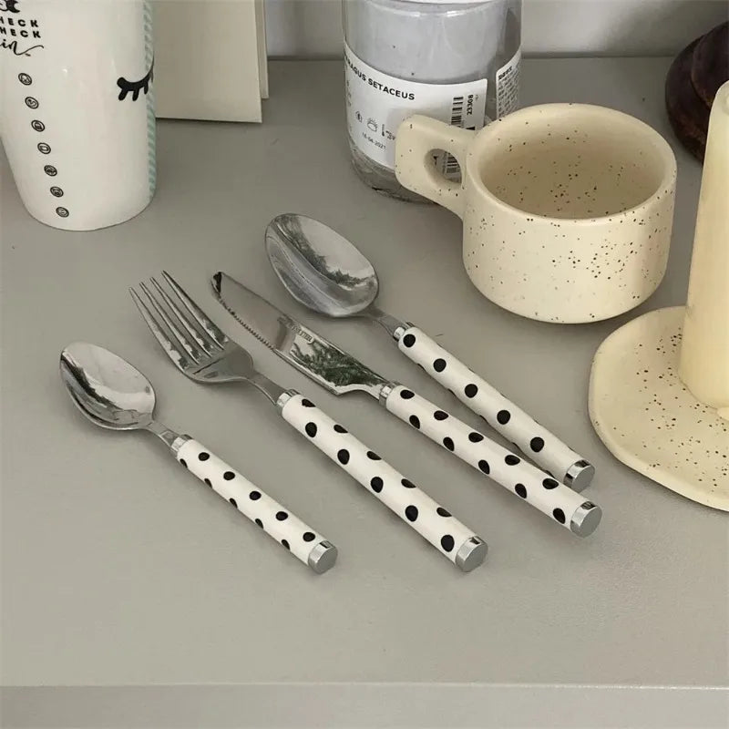 Korean Dotted Retro Stainless Steel Tableware 4-Piece Set, Western Steak Fork & Butter Spoon Household Dinner Cutlery Set