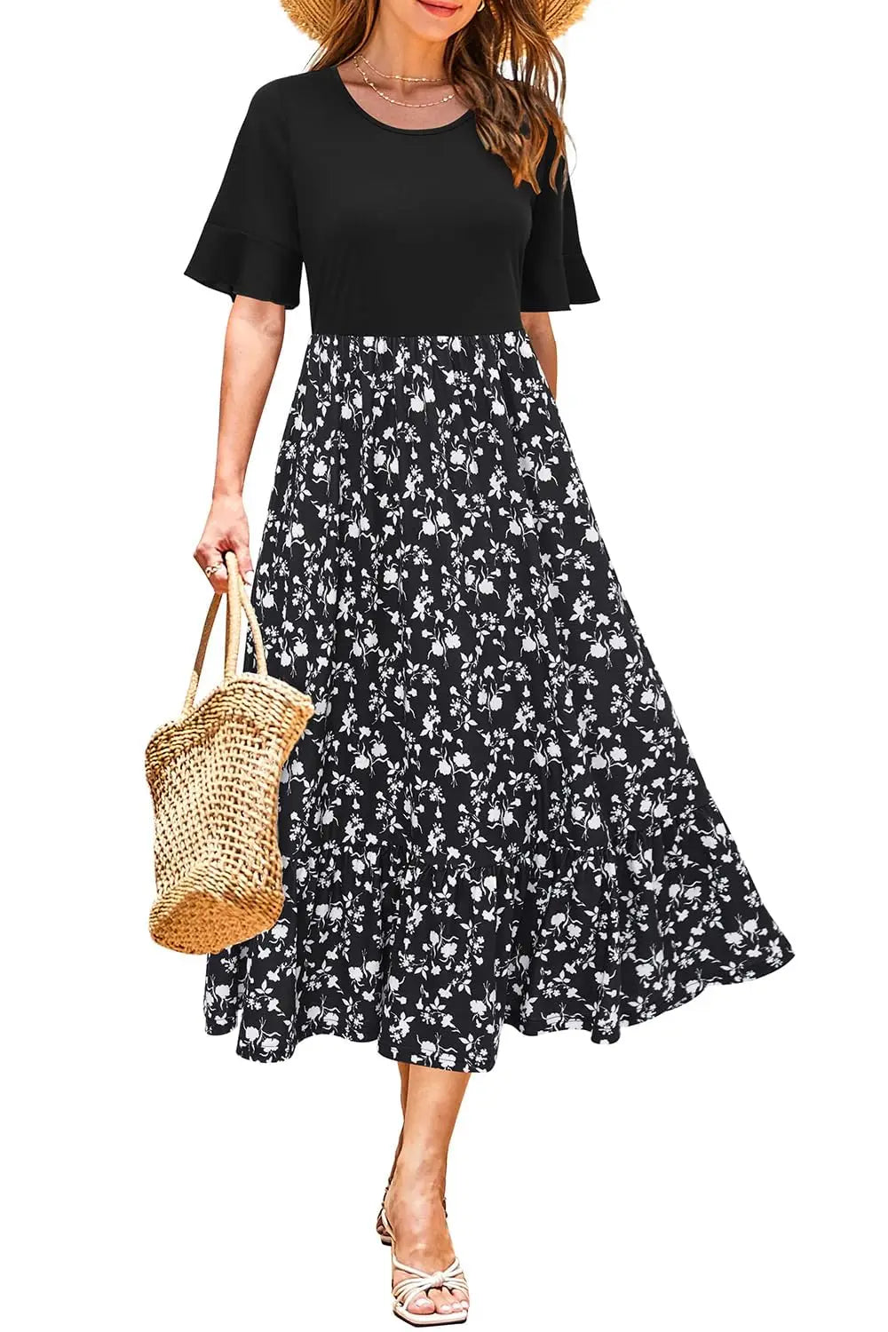 Women Summer Dress Floral Short Sleeve Casual Swing Midi Dress With Pockets