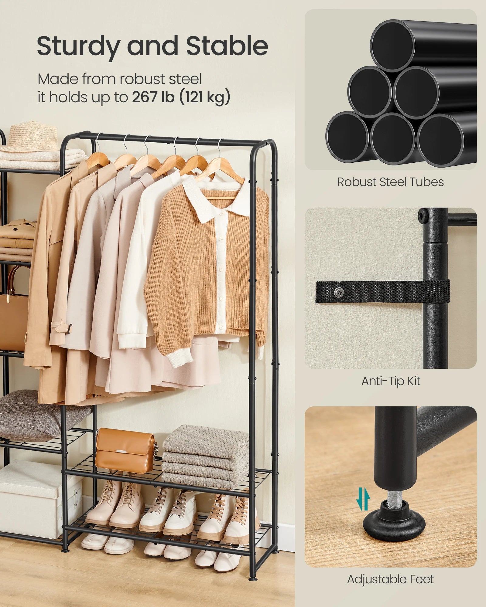 SONGMICS Clothes Hanger, Open Wardrobe, Clothes Rail, Clothes Rack with Storage Shelves, Metal Wardrobe, Freestanding