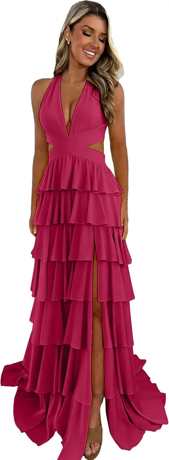 Customized Halter Tiered Ruffle Prom Dresses for Women 2026 Strapless Chiffon Long Formal Evening Party Gowns with Slit