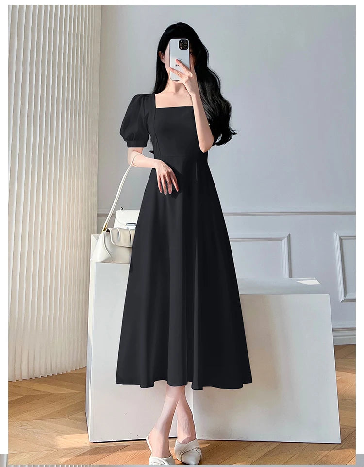 Retro women's long dress party ball bubble sleeves square collar temperament slim fit long dress summer clothing