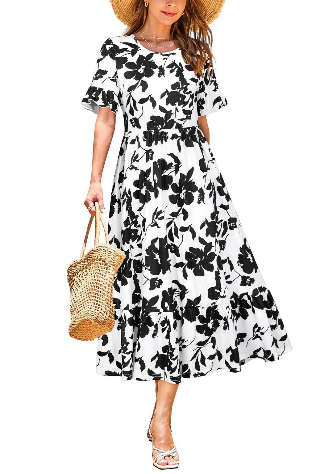 Women Summer Dress Floral Short Sleeve Casual Swing Midi Dress With Pockets
