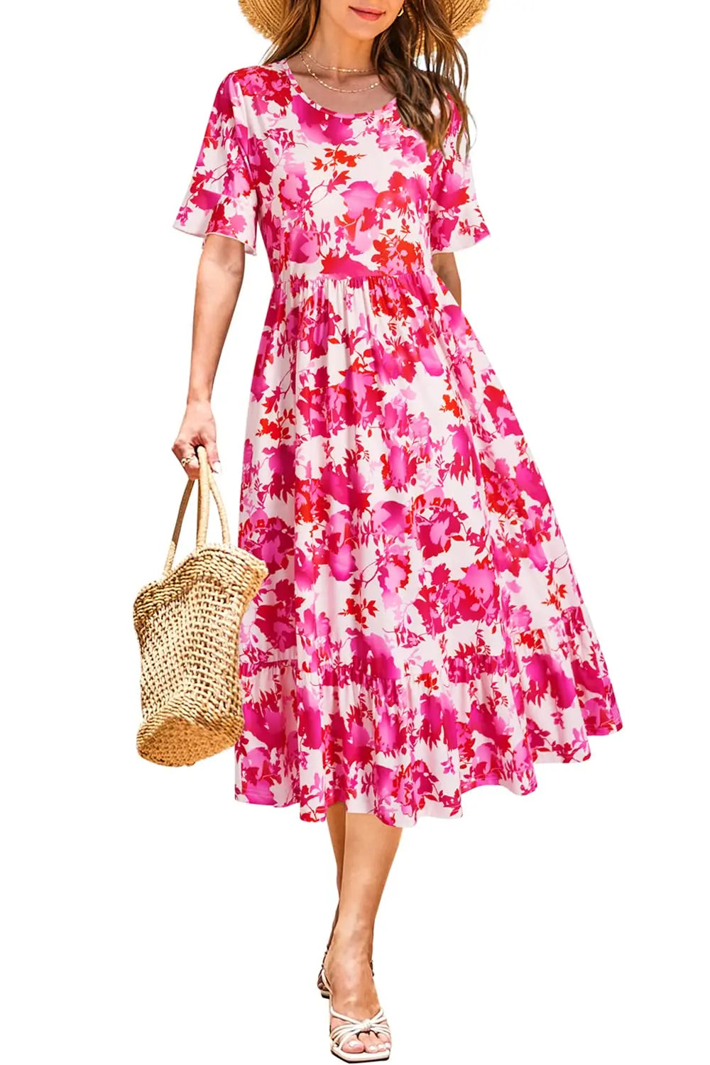 Women Summer Dress Floral Short Sleeve Casual Swing Midi Dress With Pockets
