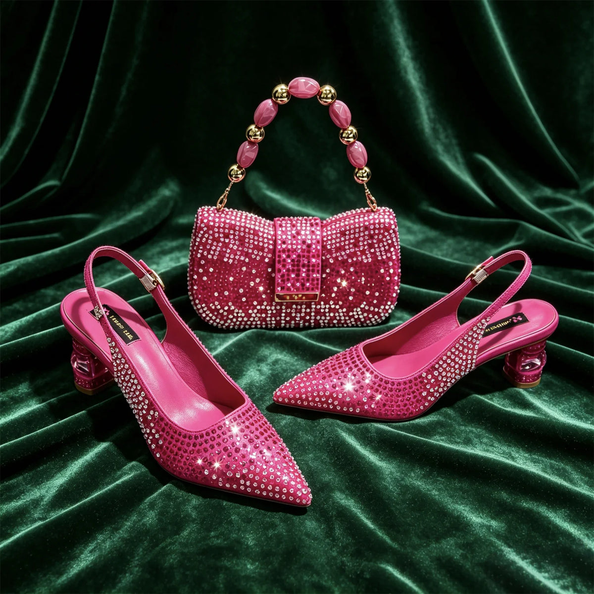 Hot Fuchsia Full Rhinestone Slingback Heels Matching Clutch Bag Set Women Luxury Crystal Pointed Shoes for Wedding Evening Party