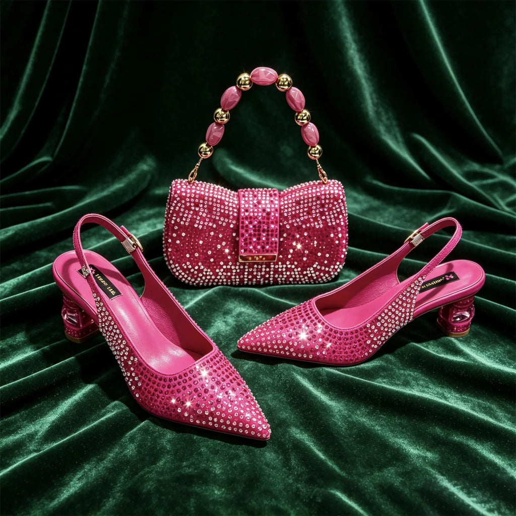 Hot Fuchsia Full Rhinestone Slingback Heels Matching Clutch Bag Set Women Luxury Crystal Pointed Shoes for Wedding Evening Party