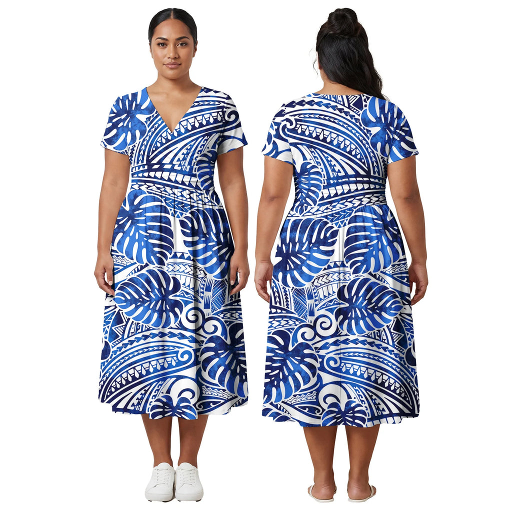 Custom Ladies Clothes Polynesian Midi Skirts Hawaiian Island Side Zipper Design Dress Samoan Women Tribal Short Sleeve Dresses