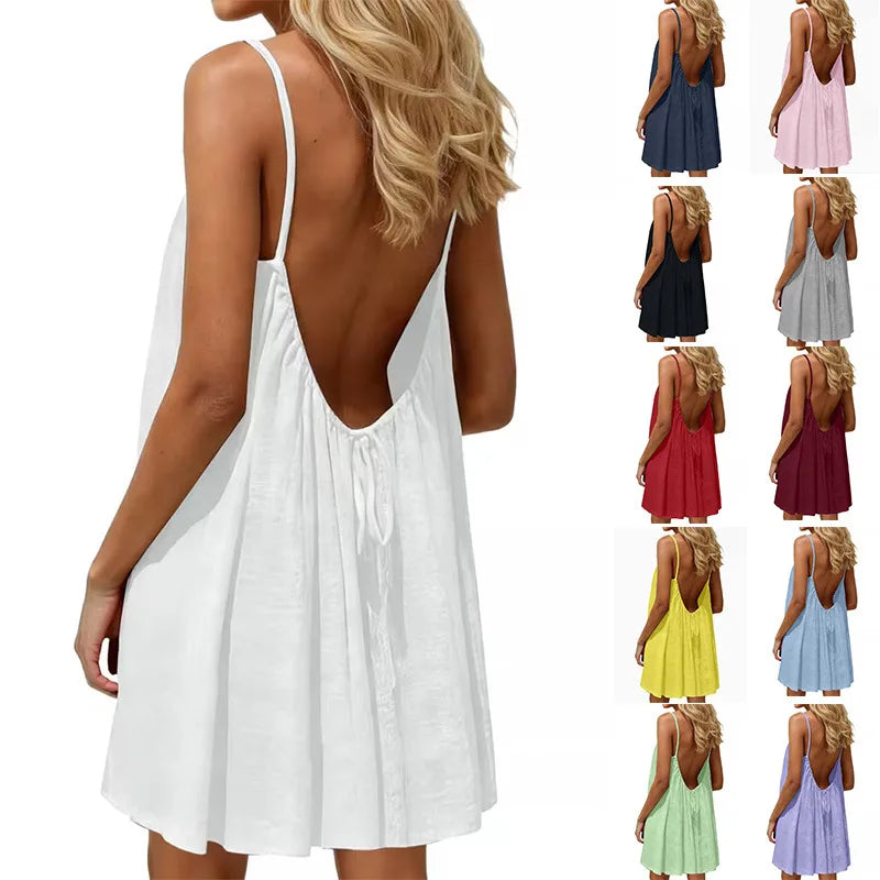 2026 New European & American Cross‑border Women’s Wear – Women’s Loose Solid‑Color Slip Backless Dress