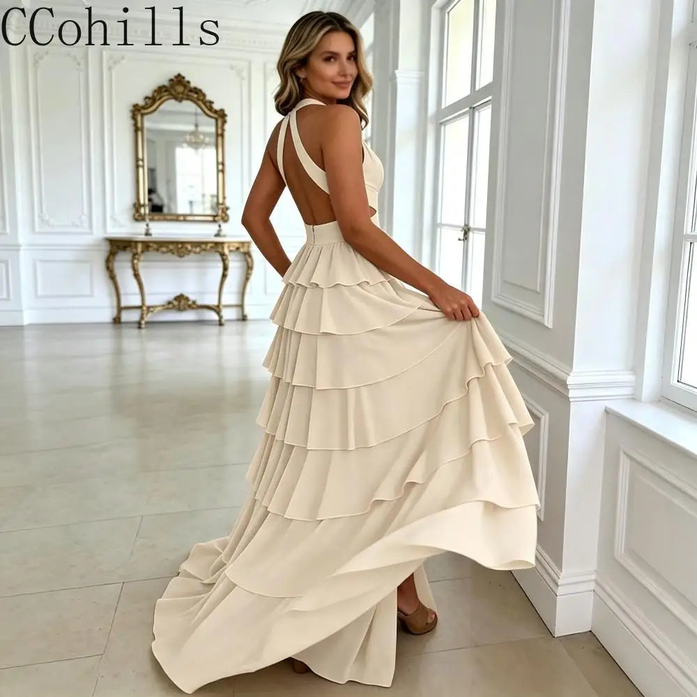 Customized Halter Tiered Ruffle Prom Dresses for Women 2026 Strapless Chiffon Long Formal Evening Party Gowns with Slit