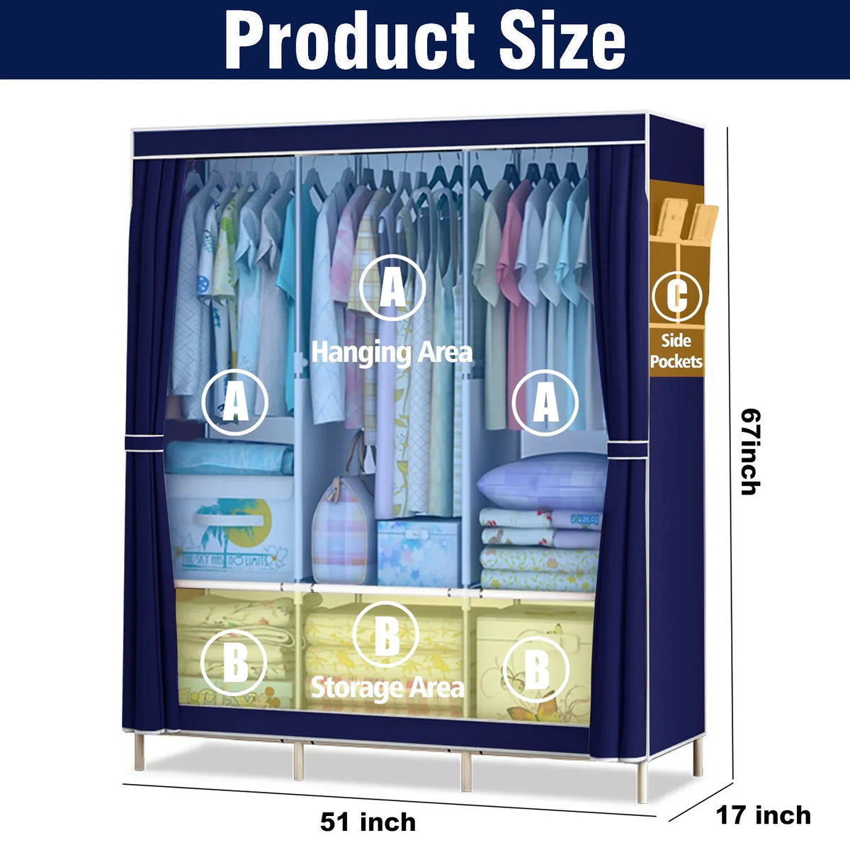 51-Inch Portable Closet Wardrobe 16mm Thick Pipe Clothing Storage Rack Organizer Non-Woven Fabric Cover for Bedroom Clothes Rail