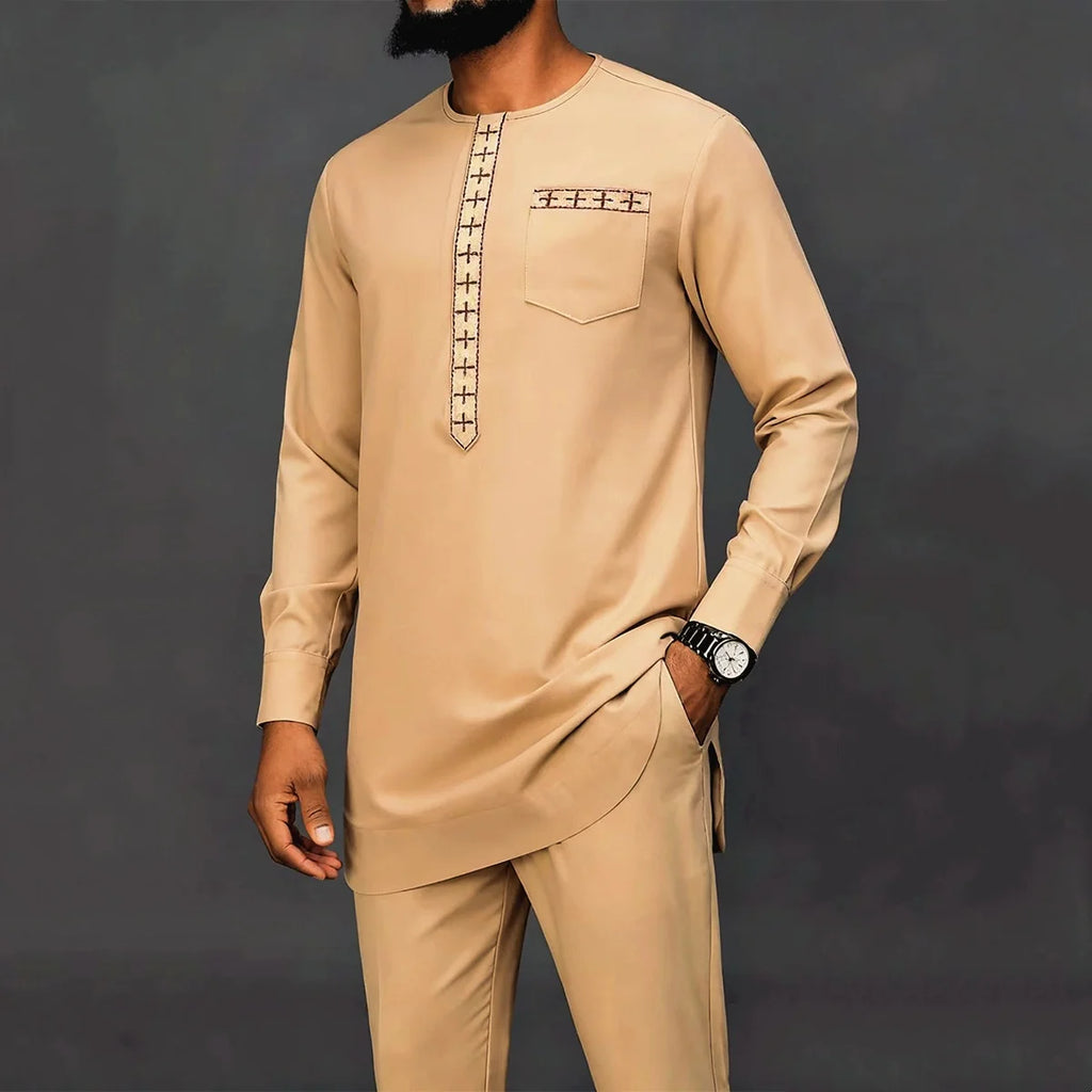 2025 New Elegant Men's Suit African Style Kaftan Embroidery Casual 2 Piece Suit Festive Wedding Traditional Men's Clothing