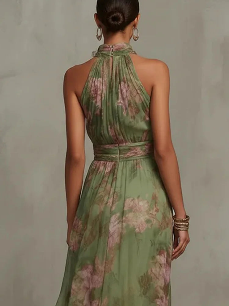 DFCF Fashion Sleeveless High Neck Ruched Waist Chiffon Flowy Evening Party Dress 2026 New Women Floral Print Halter Maxi Dress