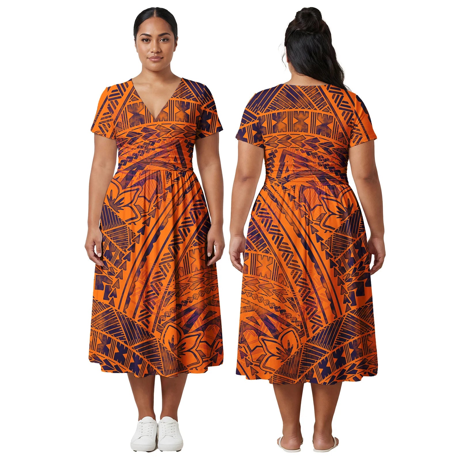 Custom Ladies Clothes Polynesian Midi Skirts Hawaiian Island Side Zipper Design Dress Samoan Women Tribal Short Sleeve Dresses