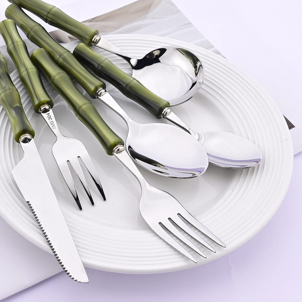 4Pcs Imitation Bamboo Handle Dinnerware Set Knife Fork Spoon Tableware Set Stainless Steel Cutlery Kitchen Flatware