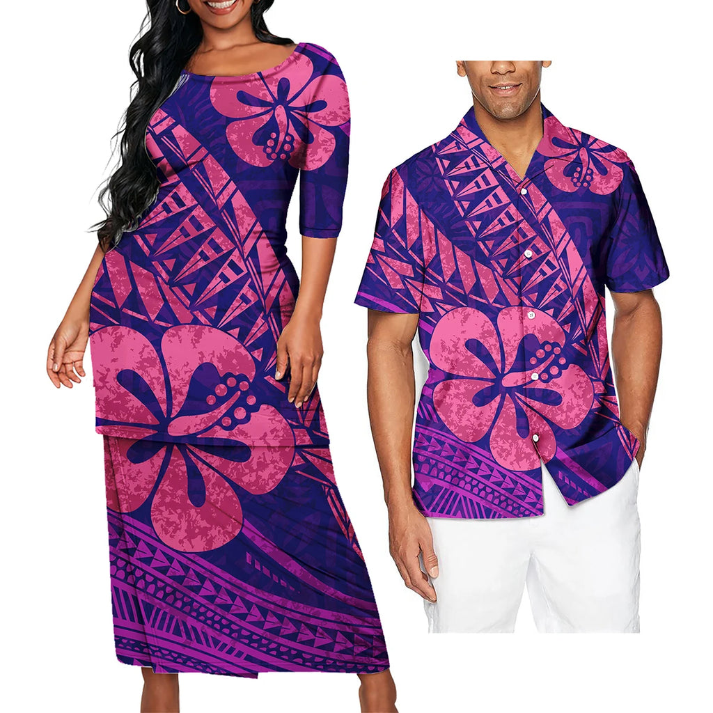 Polynesian Tribal Clothing Set Samoan Print Couple Clothing Set 2024 Girl's Party Casual Dresses Women Ladies Match Men Shirts