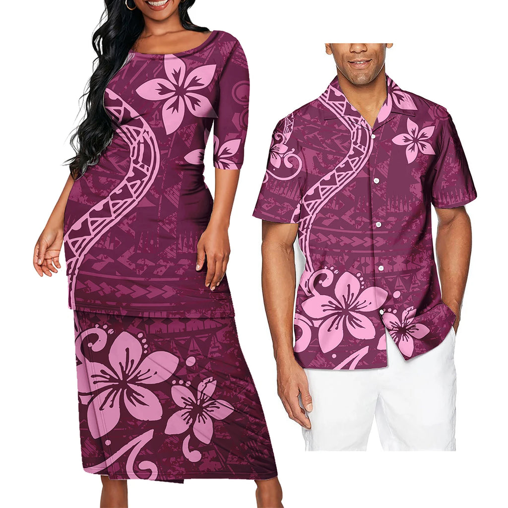 Polynesian Tribal Clothing Set Samoan Print Couple Clothing Set 2024 Girl's Party Casual Dresses Women Ladies Match Men Shirts