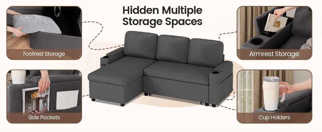 Sofa Bed, L-Shaped Sleeper Sectional Couch Bed,2-in-1 Convertible Pull Out Corner Sofa with Storage, USB, Cup Holder