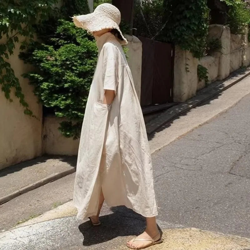 Women V‑Neck Midi Long Dress Short Sleeve Loose Dress With Pockets Casual Vacation Daily Streetwear Ladies Baggy Maxi Dresses
