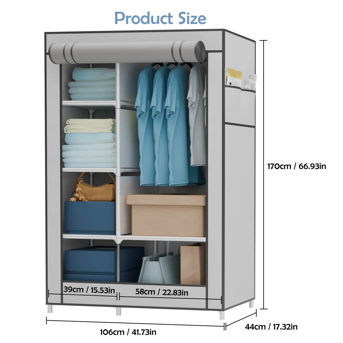 Portable Wardrobe Closet Organizer with Cover Non-Woven Steel Tube Frame 6 Shelves 2 Side Pockets 12mm Easy Assembly for Bedroom