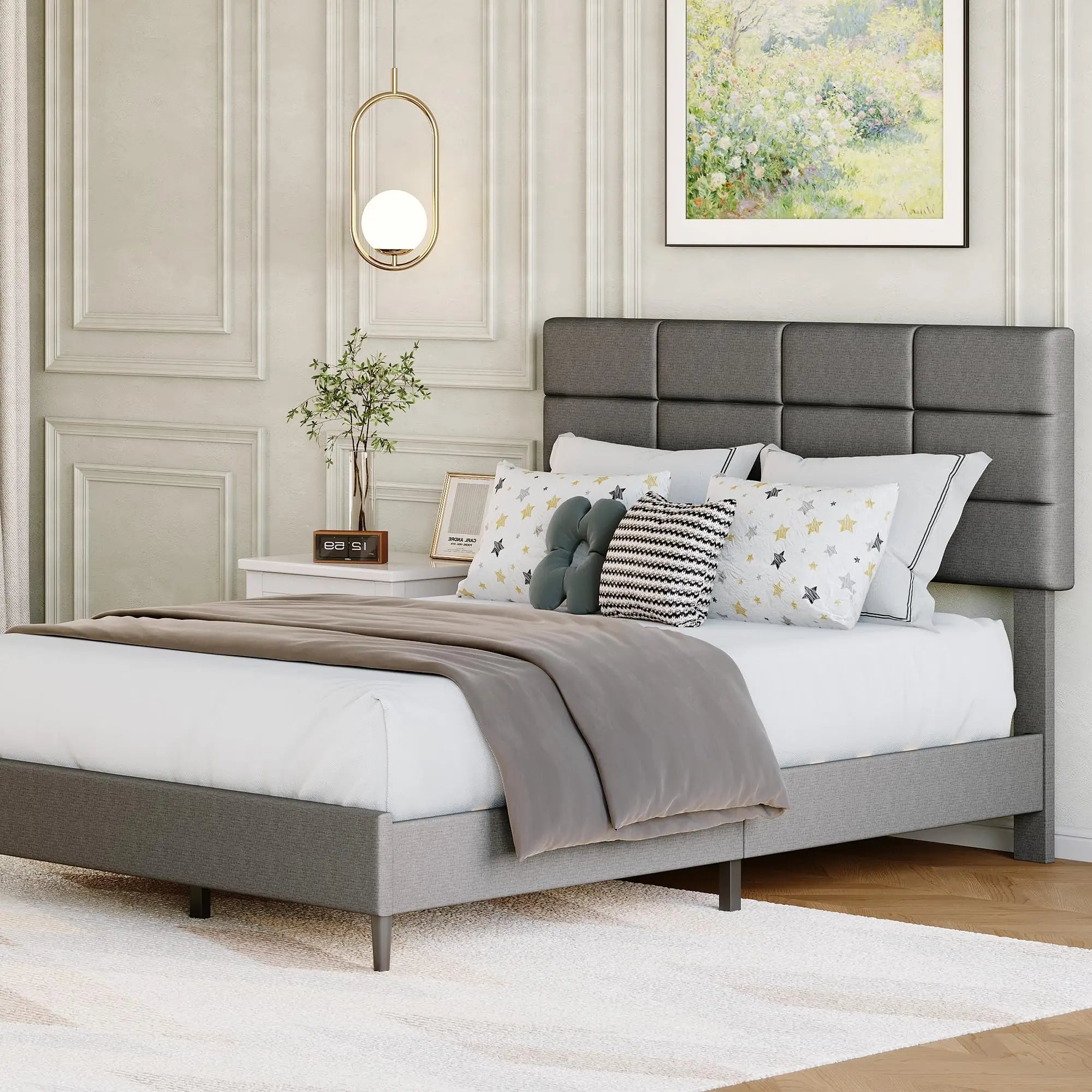 Upholstered Double Platform Bed Frame With Headboard Heavy Duty Metal Base And Wooden Slats No Box Spring Needed Noise-Free Under Bed Storage Easy Assembly