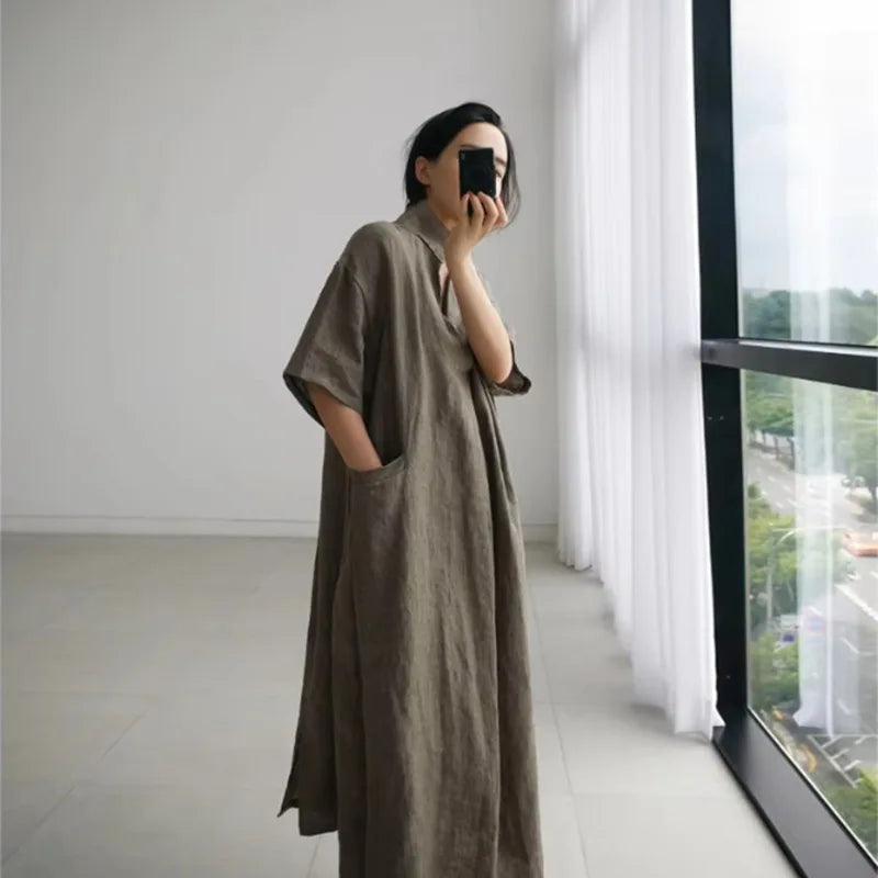 Women V‑Neck Midi Long Dress Short Sleeve Loose Dress With Pockets Casual Vacation Daily Streetwear Ladies Baggy Maxi Dresses