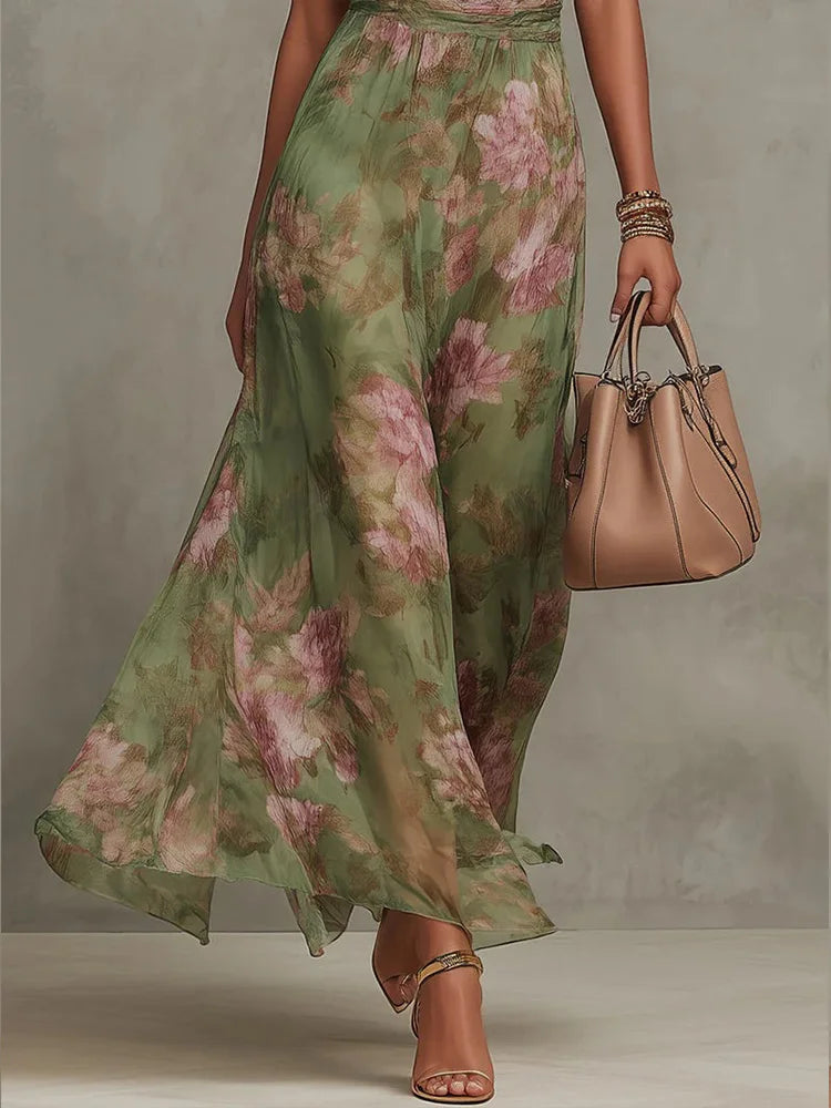DFCF Fashion Sleeveless High Neck Ruched Waist Chiffon Flowy Evening Party Dress 2026 New Women Floral Print Halter Maxi Dress