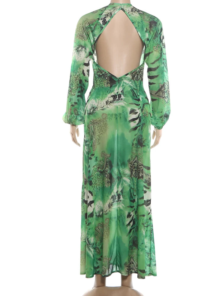 Sisterlinda Backless Long Dress Woman Autumn Trend Deep V-Neck Tiger Stripe Print Lantern Sleeve Beach Party Elegant Vestidos