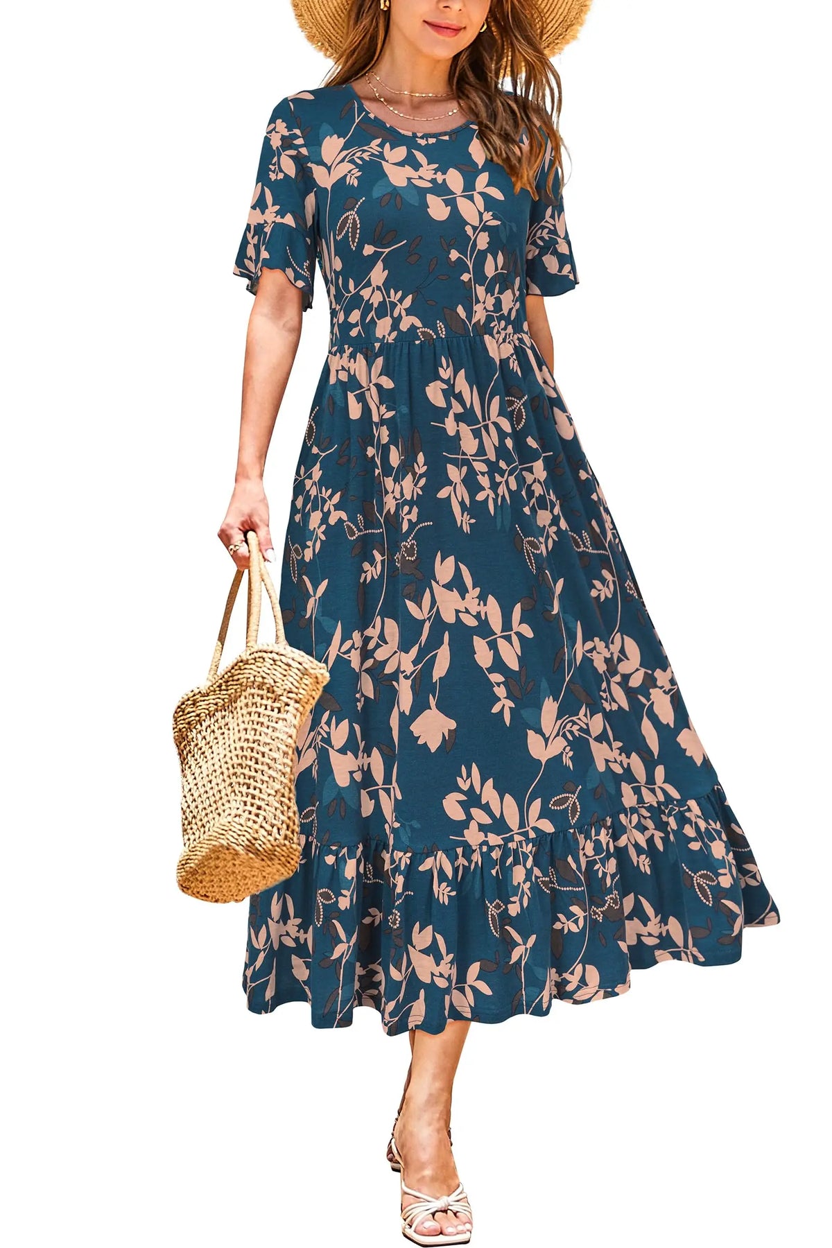 Women Summer Dress Floral Short Sleeve Casual Swing Midi Dress With Pockets