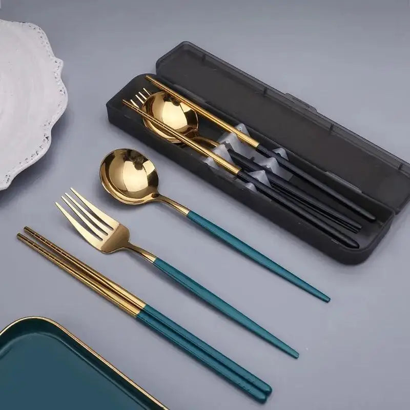Portable Stainless Steel Spoon Fork Chopsticks Cutlery Set With Storage Box Travel Tableware For Coffee Fruit Dessert Snack