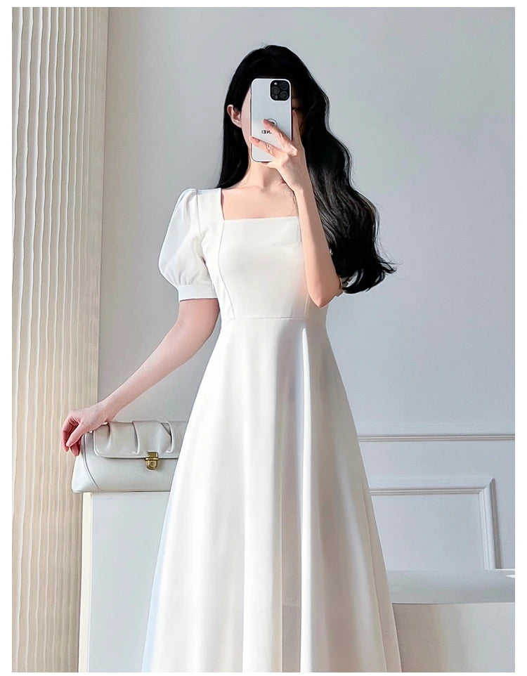 Retro women's long dress party ball bubble sleeves square collar temperament slim fit long dress summer clothing
