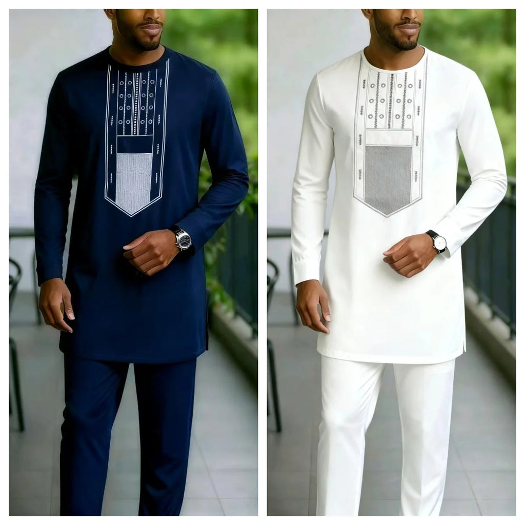 2025 New Elegant Men's Suit African Style Kaftan Embroidery Casual 2 Piece Suit Festive Wedding Traditional Men's Clothing
