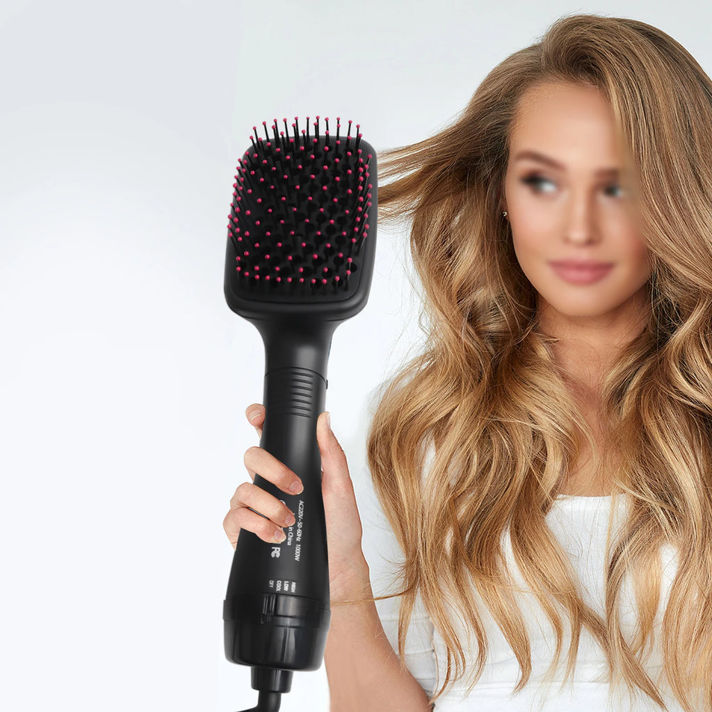 One-Step Hair Dryer and Styler, 1000W Hot Air Hair Straightener Brush, 3-in-1 Hair Drying & Straightening Brush with Adjustable Temperature, Black (UK Plug)