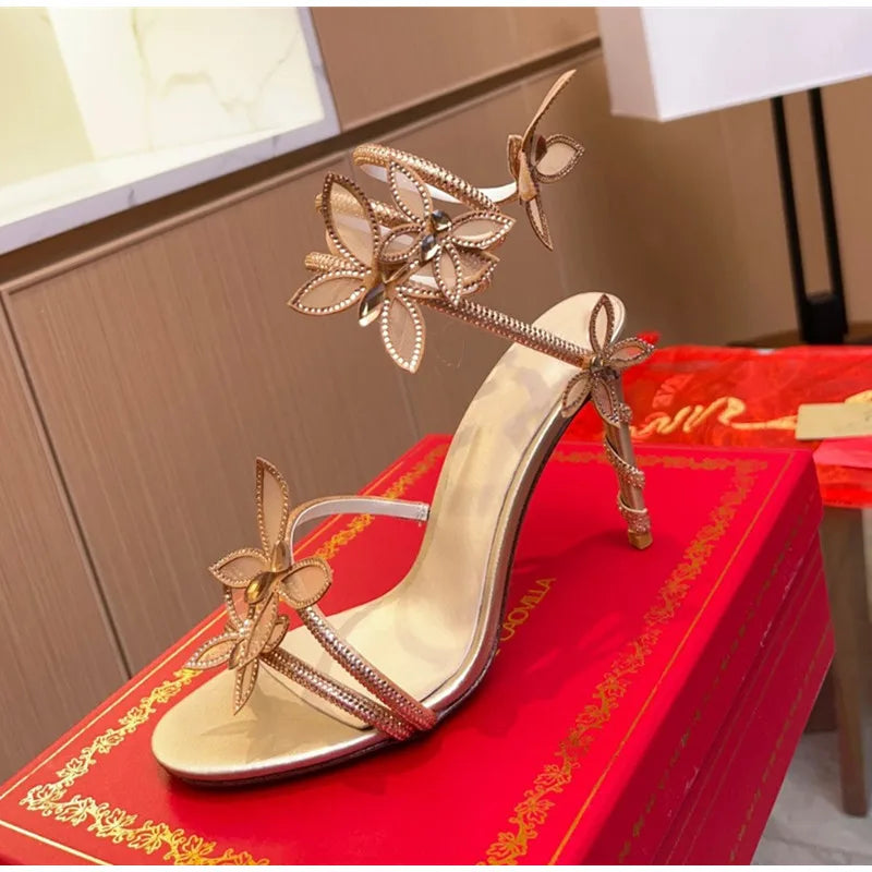 Luxury Crystal Embellished Butterfly Detail Women Sandals Sexy Coiled Strap Thin High heels Gladiator sandals Summer Party Shoes