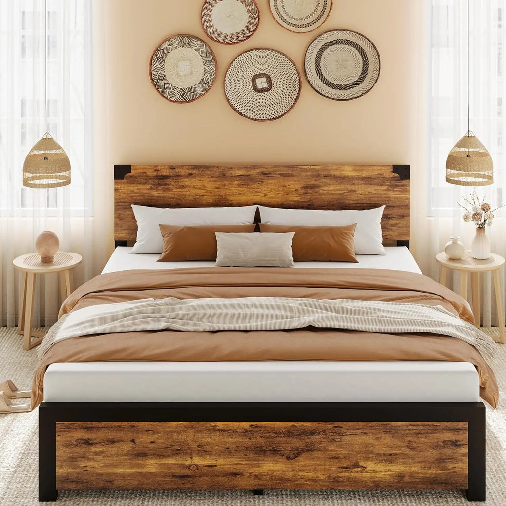 UK King Size Bed with Wooden Headboard, Platform King Bed Frame with Under-Bed Storage and Metal Legs, Noise-Free, No Box Spring