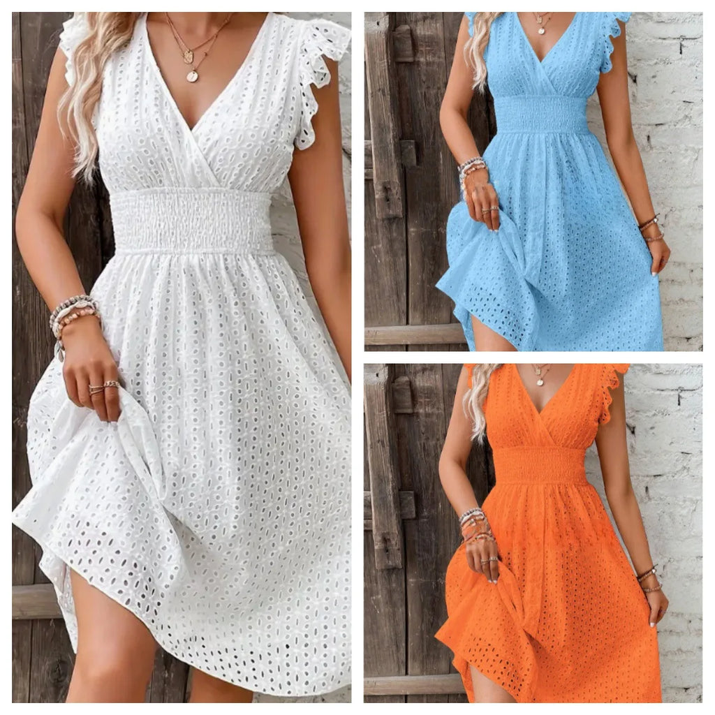 White Lace Fashion Hollow Mini Dress For Women V-Neck Summer Elegant Office Ladies A-Line Dresses Casual Beach Holiday Sundress
