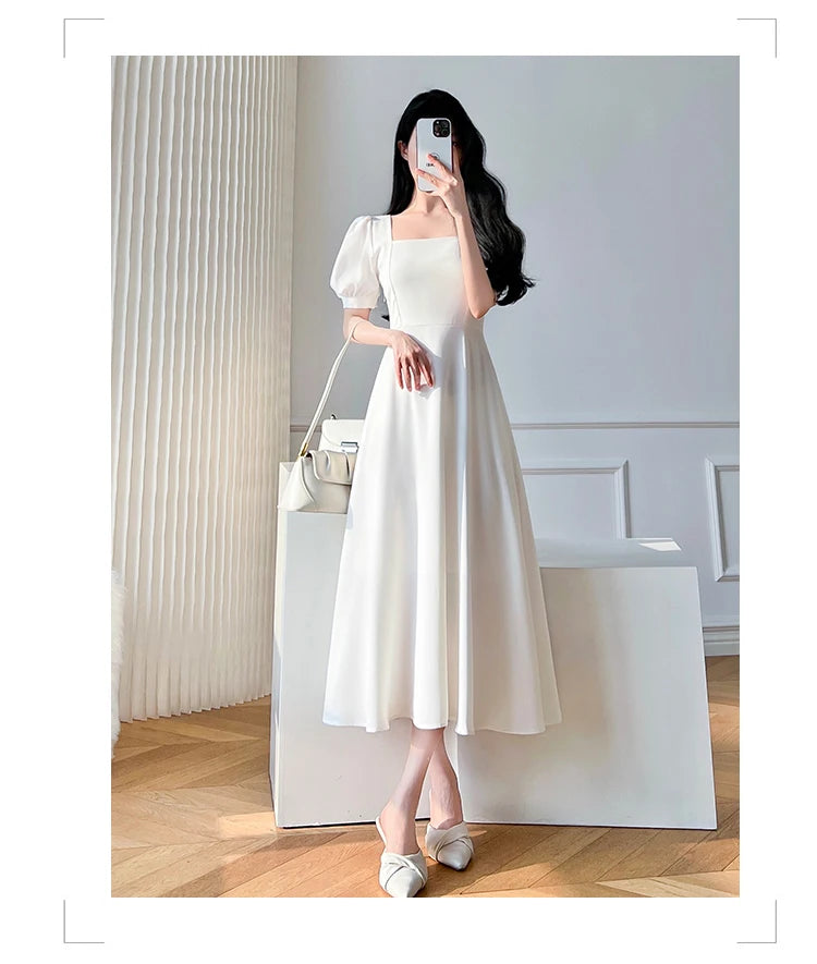 Retro women's long dress party ball bubble sleeves square collar temperament slim fit long dress summer clothing