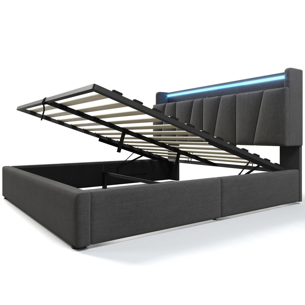 PINGGO Upholstered Double Bed with USB Charging Storage Headboard LED Lighting Bed Frame Wooden Slatted Grey (No Mattress)